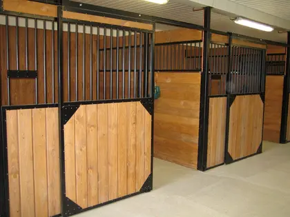 Box pour chevaux avec structure noire et remplissage en bois.
