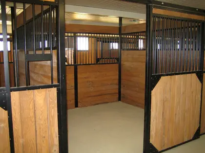 Box pour chevaux avec structure métallique noire et boiserie.