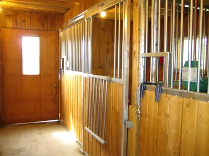 Porte de box pour chevaux en bois et métal avec quincaillerie robuste.