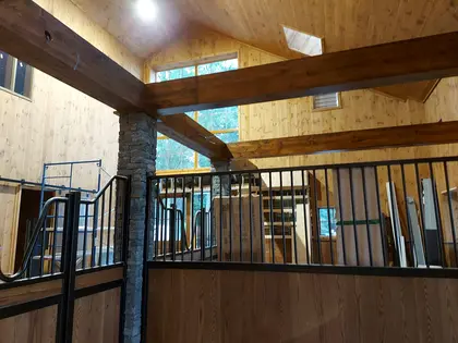 Porte de box pour chevaux avec structure noire et panneaux de bois.